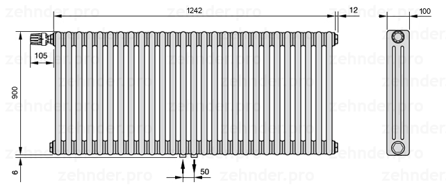 Схема (чертеж) Радиатор Zehnder Charleston 3090/27 №V007 Белый глянцевый RAL 9016